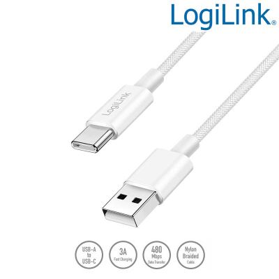 1m Cable USB 2.0 Tipo A Macho a USB Tipo C Macho, trenzado de nailon, 60W, Blanco LogiLink CU0321