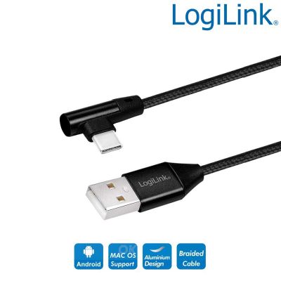 1m Cable USB 2.0 Tipo A Macho a Tipo C Macho Acodado (90º), Negro LogiLink CU0138