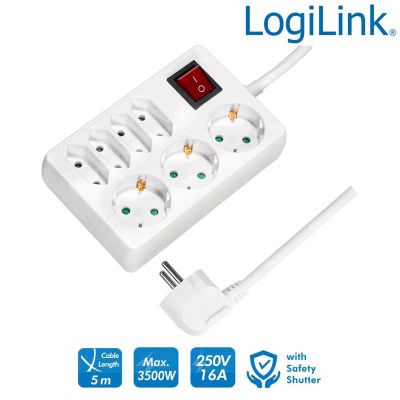 Regleta de alimentación de 7 tomas (3x CEE 7/3 y 4 x CEE7/16) con Interruptor, Blanco LogiLink LPS21