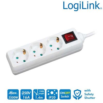 Regleta de alimentación de 3 tomas con Interruptor, Blanco LogiLink LPS206