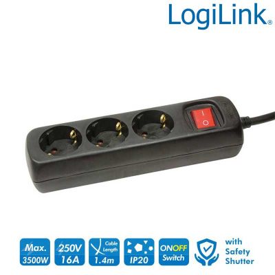 Regleta de alimentación de 3 tomas con Interruptor, Negro LogiLink LPS206B