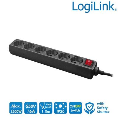 Regleta de alimentación de 6 tomas con Interruptor, Negro LogiLink LPS202B