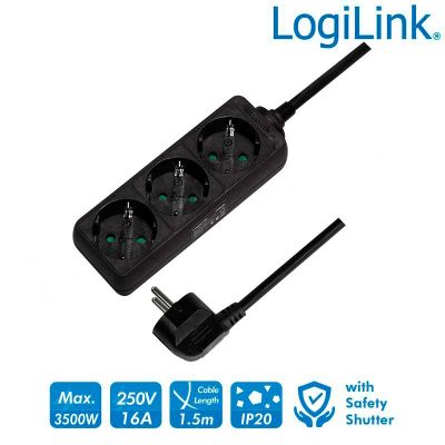 Regleta de alimentación de 3 tomas Sin Interruptor, Negro LogiLink LPS205B