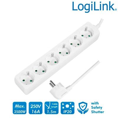 Regleta de alimentación de 6 tomas Sin Interruptor, Blanco LogiLink LPS238