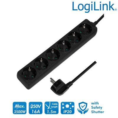 Regleta de alimentación de 6 tomas Sin Interruptor, Negro LogiLink LPS238B