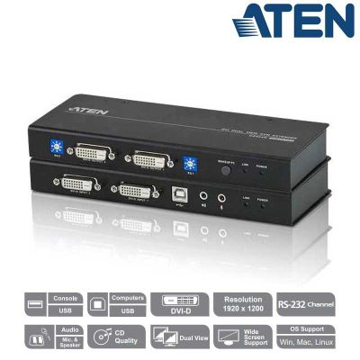 Extensor KVM USB-DVI Dual View con Audio y RS-232 (60m) Aten CE604