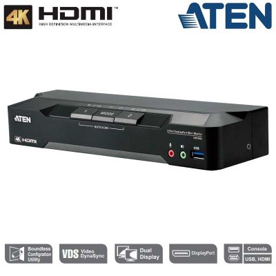 Conmutador KVM Boundless Switching Mini-Matrix dual DisplayPort 4K de 2 puertos Aten CM1942