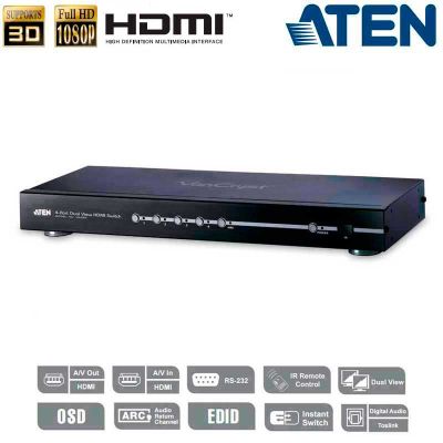 Conmutador HDMI de 4 puertos con salida dual y RS232 Aten VS482