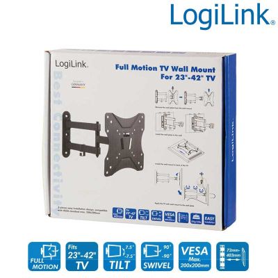 Soporte TV de Pared, inclinación -7.5º/+7.5º, Giratorio -90º/+90º, 23-42'', 25 kg LogiLink BP0008