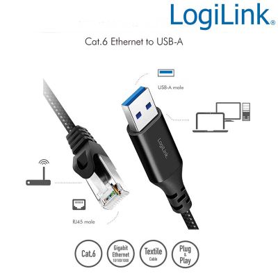 2m Cable Ethernet USB 3.0, macho a RJ45 macho, 1 Gbps, activo, Negro LogiLink CU0402