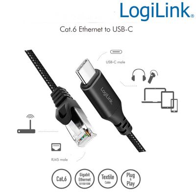 5m Cable Ethernet USB 3.2 Tipo C macho a RJ45 macho, 1 Gbps, activo, Negro LogiLink CU0414