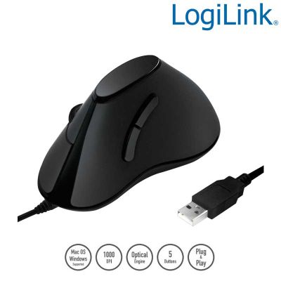Ratón vertical ergonómico, USB, 1000 dpi, negro LogiLink ID0158