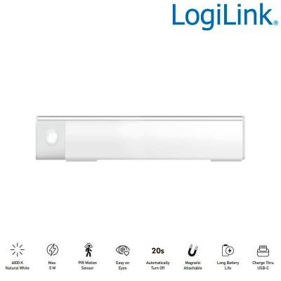 Luz LED, 20 cm, 80 lm, 600 mAh, con detector de movimiento, blanca LogiLink LED021