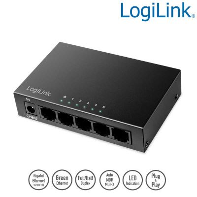 Switch Gigabit de 5 puertos 10/100/1000 Sobremesa Metalico Negro LogiLink NS0116