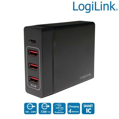 Cargador (220V) USB, 3 Puertos, USB-A, 1 USB-C, 72W Logilink PA0122