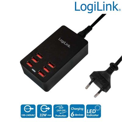 Cargador (220V) USB, 6 Puertos, 32W Logilink PA0139