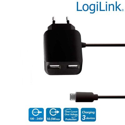 Cargador USB con cable Micro USB mas 2 puertos USB, 10.5W, Negro Logilink PA0157