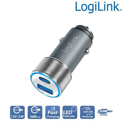 Cargador de coche USB, 1x USB-C PD, 1x USB-A QC Logilink PA0252