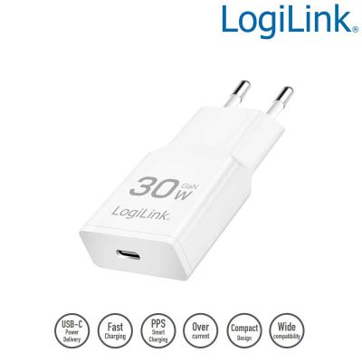 Cargador (220V) USB-C GaN (PD), 30W , Blanco LogiLink PA0347