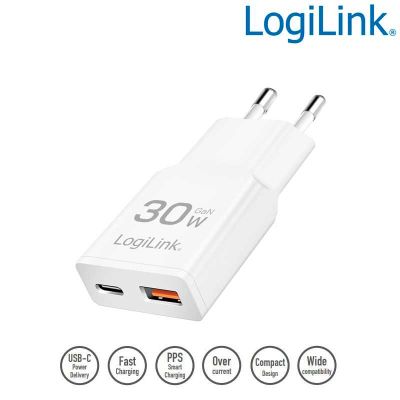 Cargador (220V) USB-A y USB-C GaN (PD), 30W, Blanco Logilink PA0348