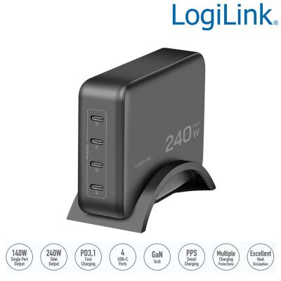 Cargador USB-C de 4 puertos, 240 W, GaN, PD 3.1, negro LogiLink PA0353