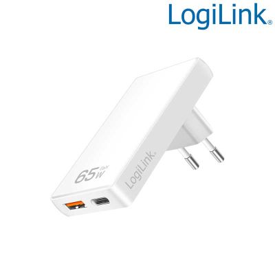 Cargador (220V) USB-A (QC) y USB-C GaN (PD), 65W, extrafino, Blanco LogiLink PA0368