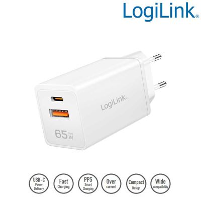 Cargador (220V) USB-A (QC) y USB-C GaN (PD), 65W, Blanco Logilink PA0371