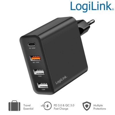Cargador USB 1 USB-C y 3 USB-A, 48W, Negro LogiLink PA0377