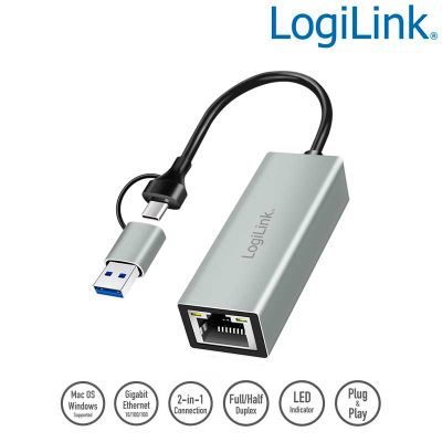 Cable Adaptador USB 3.1 Tipo A y C a Ethernet Gigabit LogiLink UA0238B