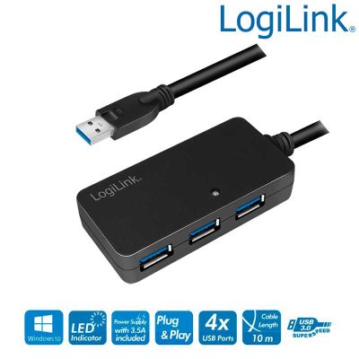 10m Cable Amplificador USB 3.2 (Gen1) 5 Gbps de 4 Puertos LogiLink UA00262