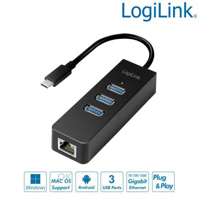 Cable adaptador USB-C 3.2 Gen 1 a Ethernet Gigabit y Hub de 3 USB 3.0 LogiLink UA0283