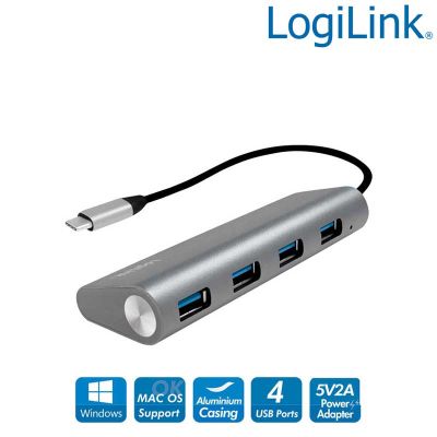 Hub USB-C 3.2 Gen 1 de 4 puertos USB 3.0 tipo A, Aluminio, Gris LogiLink UA0309