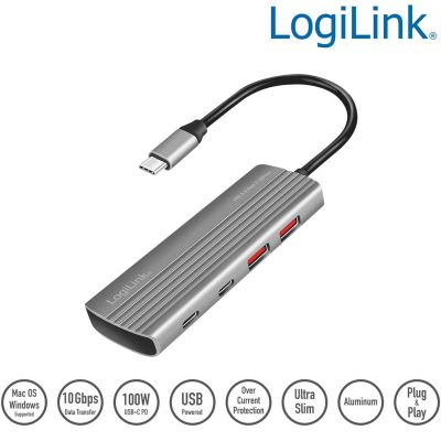 Hub Ultra-Slim USB-C 3.2 Gen 2 de 2 USB-A , 2 USB-C, DP 100 W, Gris LogiLink UA0413