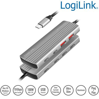 Hub Ultra-Slim USB-C 3.2 Gen 2 de 2 USB-A , 5 USB-C, DP 100 W, Gris LogiLink UA0414