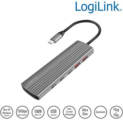 Hub Ultra-Slim USB-C 3.2 Gen 2 de 2 USB-A , 8 USB-C, DP 100 W, Gris LogiLink UA0415