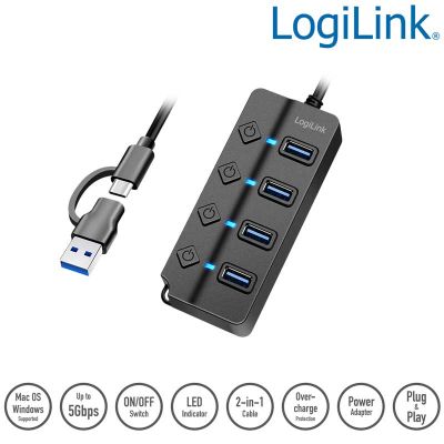 HUB USB 3.2 Gen1, 4 puertos A, interruptor de encendido/apagado por puerto, LogiLink UA0419