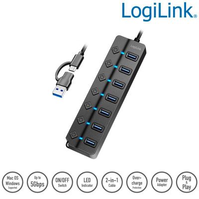 HUB USB 3.2 Gen1, 7 puertos A, interruptor de encendido/apagado por puerto, LogiLink UA0420