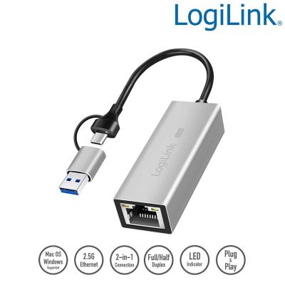 Cable Adaptador USB 3.1 Tipo A y C a Ethernet 2,5 G, Gris LogiLink UA0422