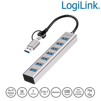 HUB USB 3.2 Gen1 de 7 puertos tipo A con conexcion A y C, Aluminio LogiLink UA0441