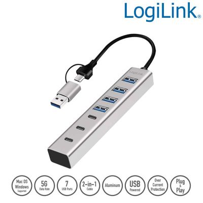HUB USB 3.2 Gen1 de 4 puertos tipo A  y 3 Tipo C con conexcion A y C, Aluminio LogiLink UA0442