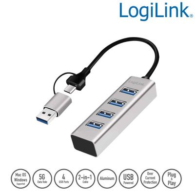 HUB USB 3.2 Gen1 de 4 puertos tipo A con conexcion A y C, Aluminio LogiLink UA0455
